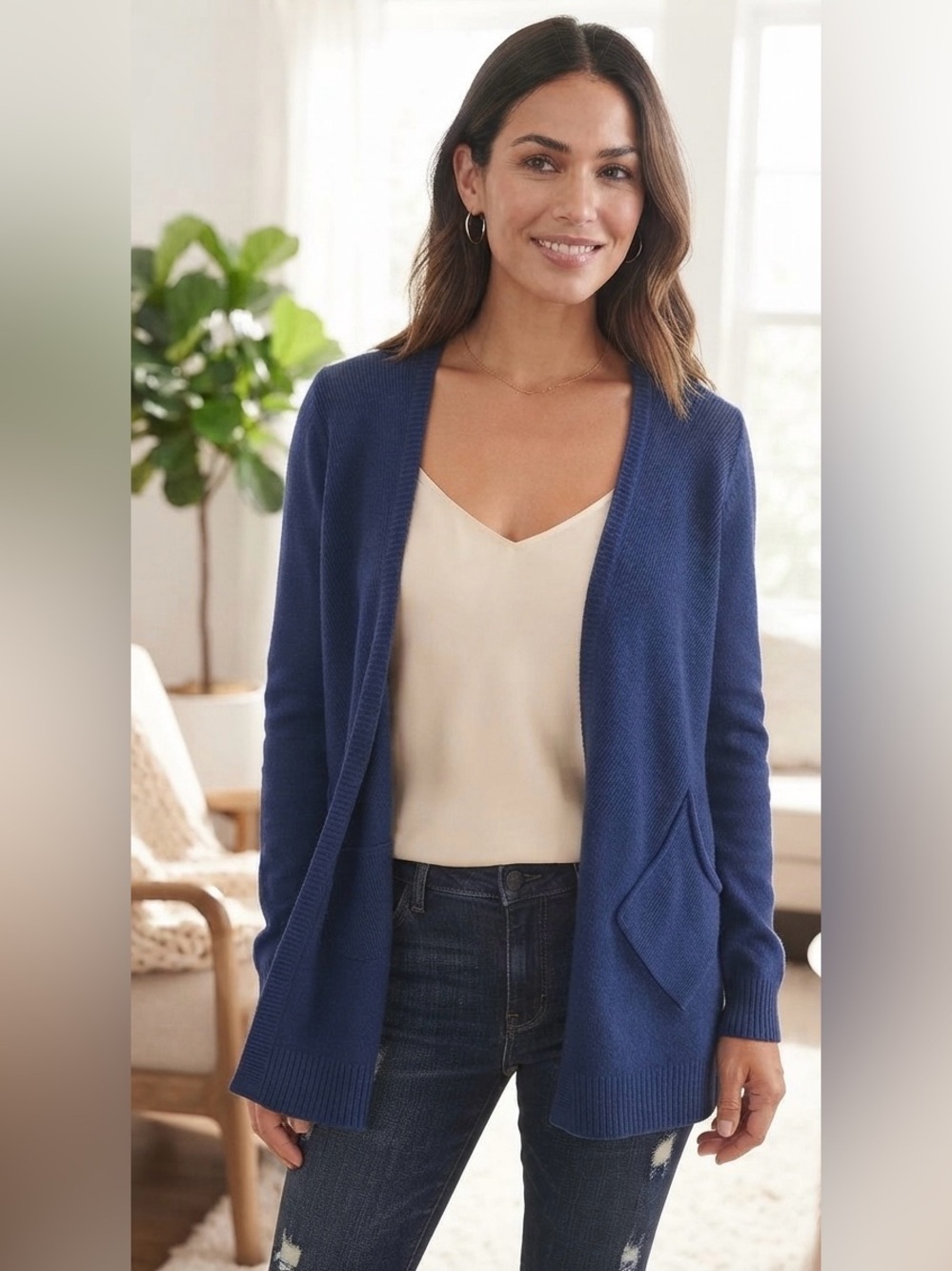 Eileen Fisher Royal Blue linen Pointelle Wrap Surplice Knit Cardigan Pockents